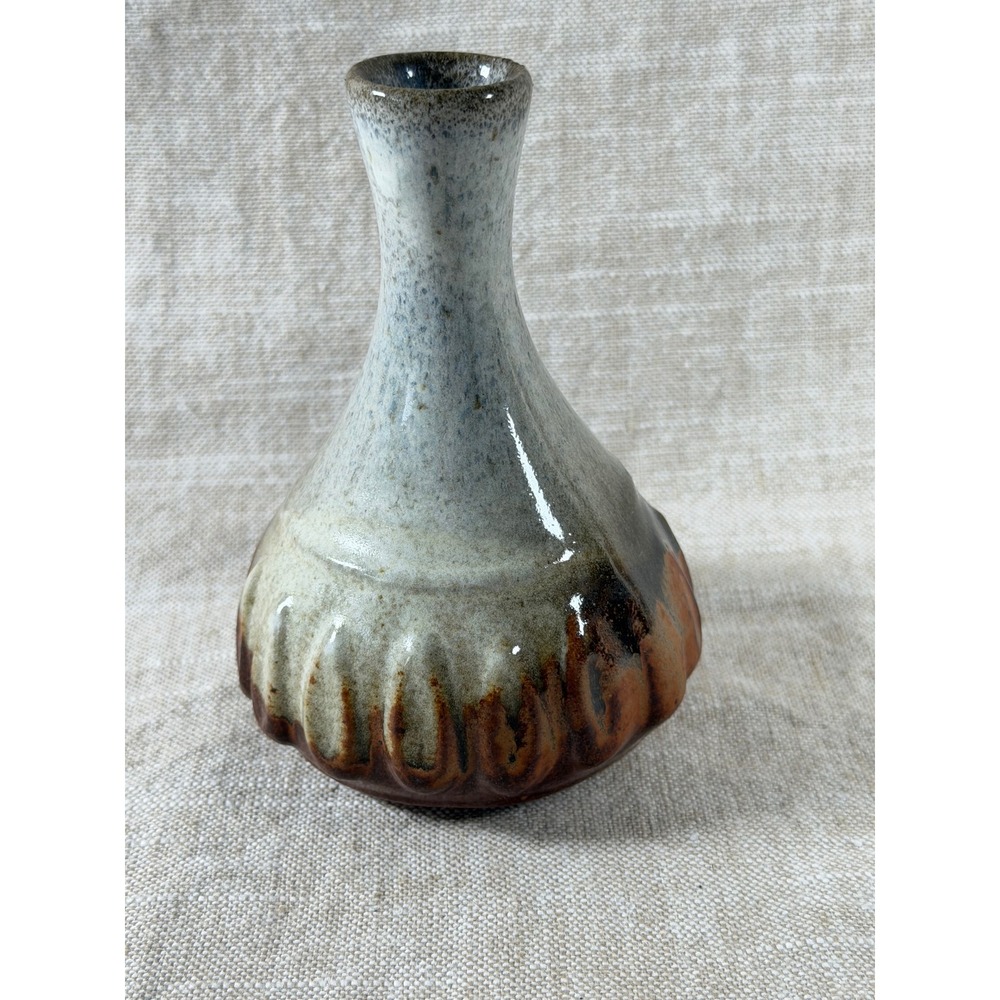 Vintage Studio Pottery Vase Drip Glaze Brown Blue Ceramic Bud Vase Rustic